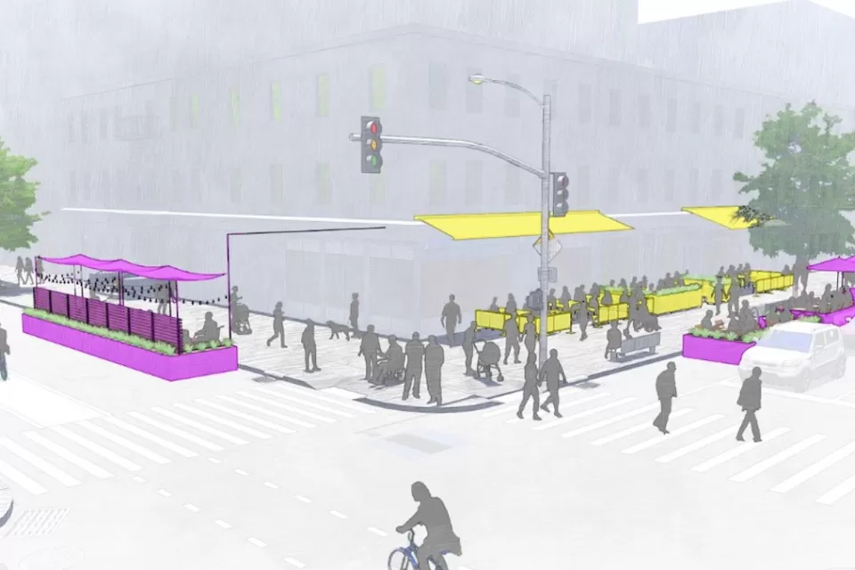 Rendering of outdoor dining patio design for New York City street.